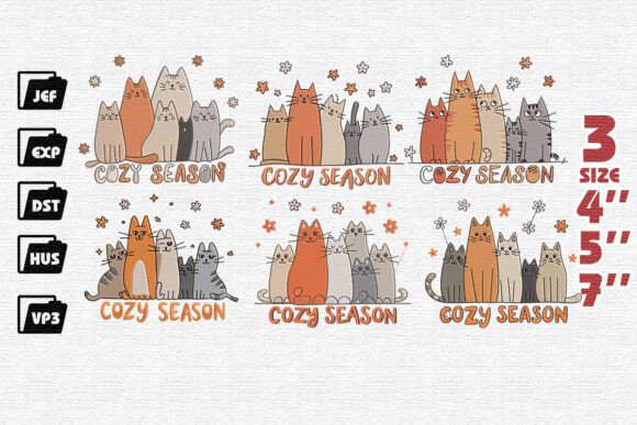 Set of 6 Cozy Fall Cat Embroidery File