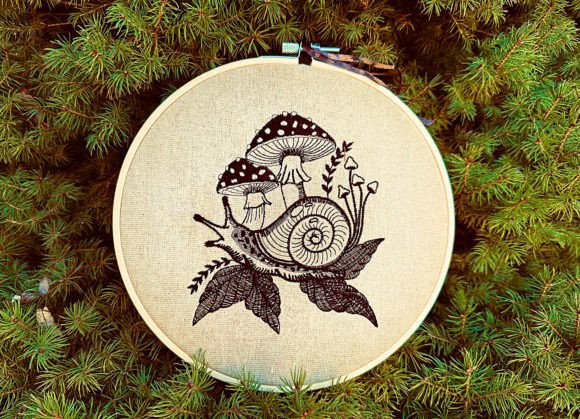 Snail with Mushrooms Machine Embroidery